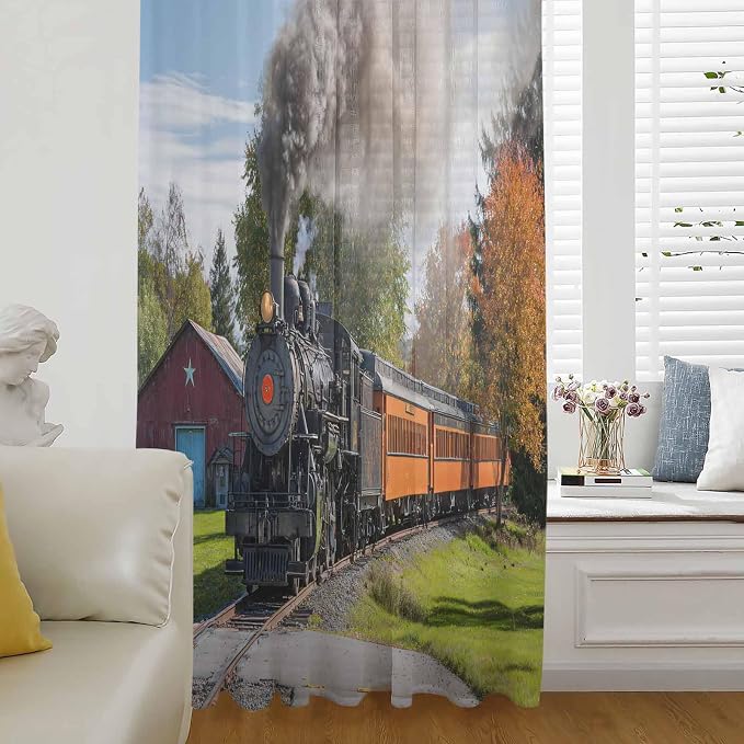 Steam Train Sheer Curtains 54 Inch Length Railroad Country Barn Rustic Trees by Unknown
