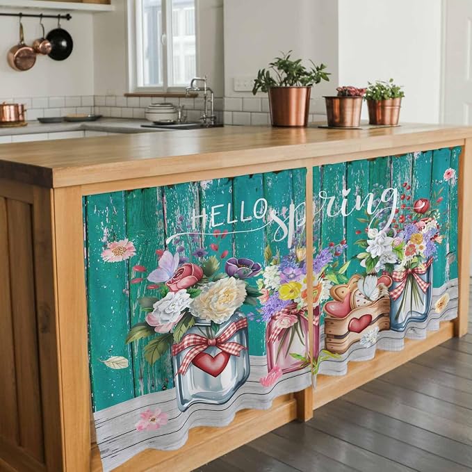 Spring Flowers Tier Curtains, Farmhouse Watercolor Teal Wood Grain Light - Image 7