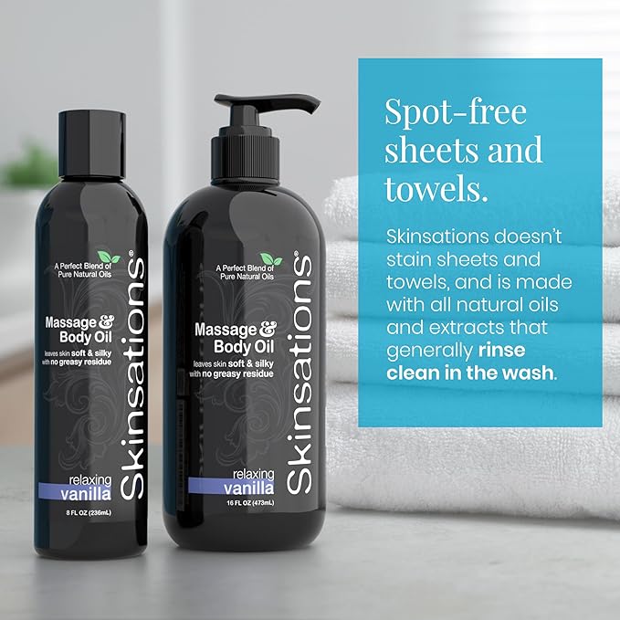 Skinsations - Massage Oil Kit (Set of 4) Natural Scents of Vanilla, Cinnamon, Lavender | Blend of Sweet Almond Oil, Fractionated Coconut Oil, Grapeseed Oil & Jojoba Oil, Travel Size