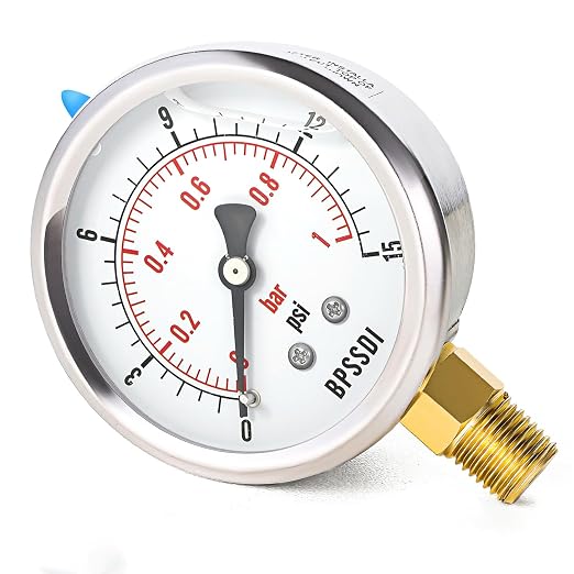 0-15 Psi Glycerin Liquid Filled Low Pressure Gauge, 2.5" Dial Size, 1/4" NPT by BPSSDI
