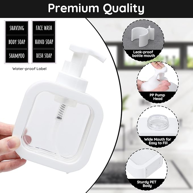 Segbeauty 10.1oz Foam Hand Soap Dispenser with Waterproof Labels, 300ml Square Foam Hand Dispenser or Bathroom & Kitchen Sink, Empty Refillable White Foaming Dish Wash Dispenser Pumping Containers