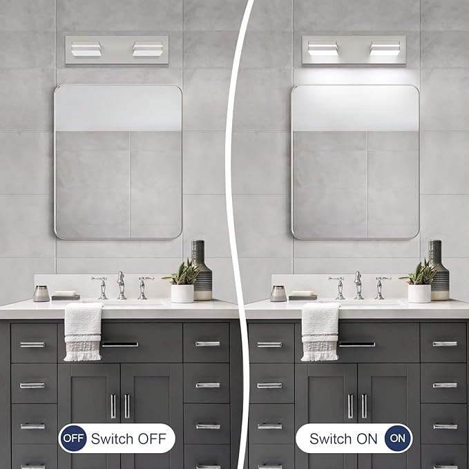 SineRise LED Modern Bathroom Vanity Light Fixtures (2-Light, 15.5-Inch), Brushed Nickel Modern Acrylic Bathroom Wall Lighting Fixtures Over Mirror (Cool White 6000K)