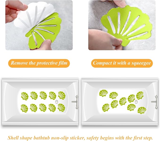 12 Pcs Non Slip Bathtub Stickers Green Adhesive Decals Sea Shell Shape Shower Stickers for Floor, Ladders, Bath Tub, Stairs, Bathroom