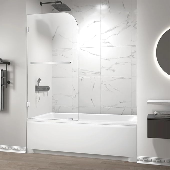 Bathtub Shower Door, 34" W X 58" H Fixed Bathtub Shower Glass Panel in Polished Chrome Finish, 1/4"(6mm) Clear Tempered Frameless Shower Glass Door, Tub Shower Panel with Clamps and Handle
