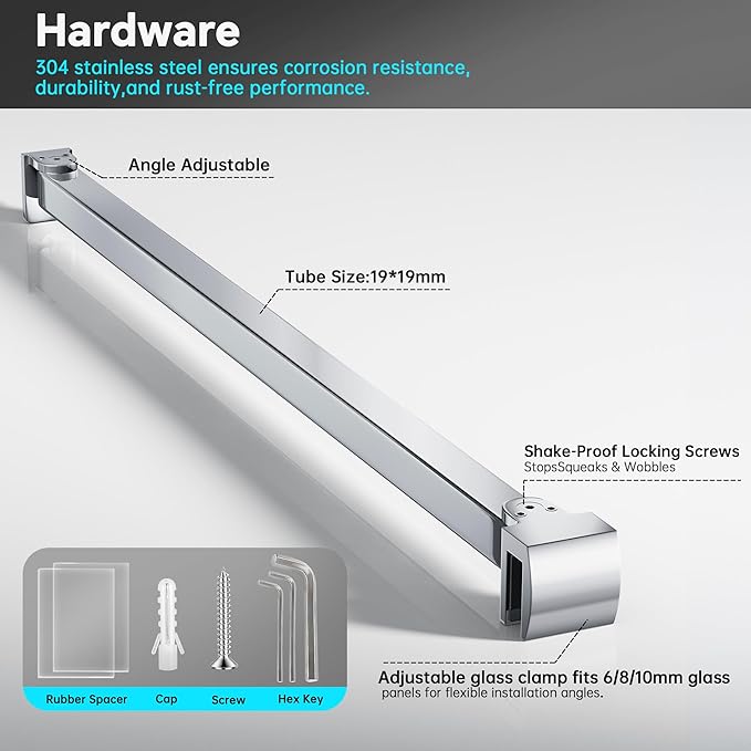 Frameless Shower Door Support Bar, Stainless Steel Wall-to-Glass Support Arm to Fixed Shower Glass Panel, for 1/4"-3/8" (6-10 mm) Door, 180° Pivot & Stow-Flat Mode (Chrome, 15.8-inch(400mm))