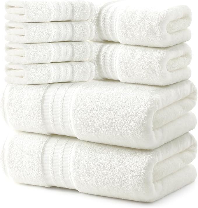 REDKISS Cream Towel Set of 8-100% Cotton Luxury Bath Towels Set for Bathroom, 600 GSM Highly Absorbent Bathroom Towel with 2 Large Bath Sheet, 2 Hand, 4 Washcloths, Beige Shower Towels for Dorm