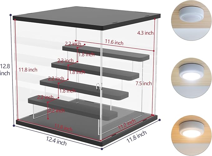 Choowin 5 Tier Clear Acrylic Lighted Display Case for Collectibles, Mini Figures, Pop Mart, Labubu, Sonny Angel, Smiski - Assemble Dustproof Display Box with Door, Stand (Black Top Base, Clear Step)