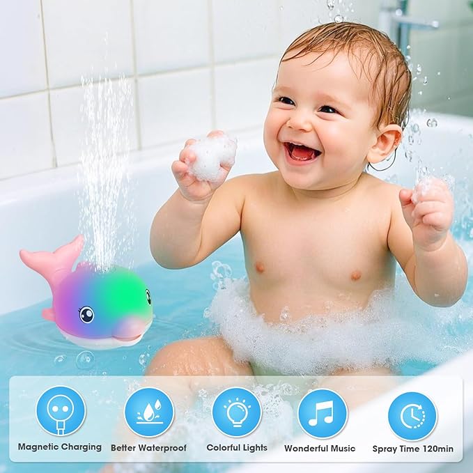 Baby Bath Toys, 2025 Upgraded Magnetic Charging Toddler Bath Toys for Kids Ages 1-3, Light Up Dolphin Bath Toy Sprinkler, Birthday Gifts Infant Baby Toys 6-12-18 Months- Pink