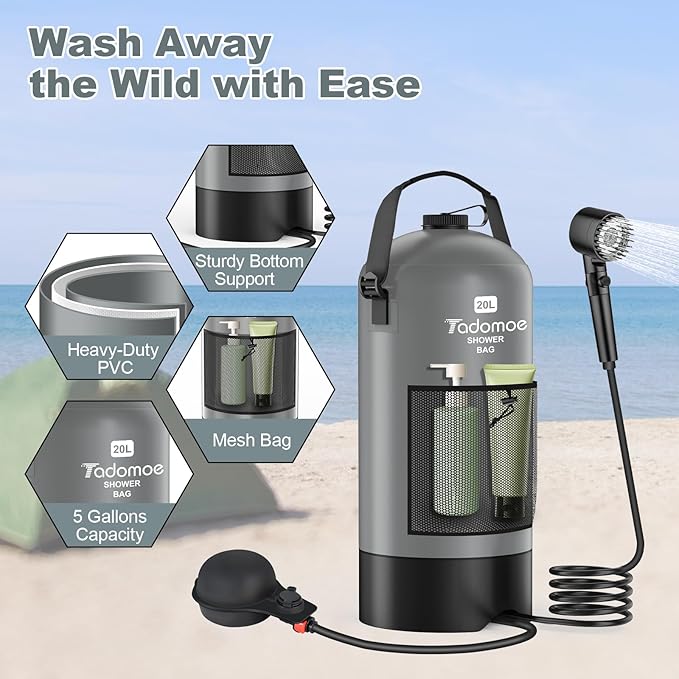 Portable Shower for Camping, 5 Gal/20 L Solar Heating Camping Shower Bag with Shower Pump, Portable Shower Head, Essential for Camping,Festivals, Overlanding, Beach Trips