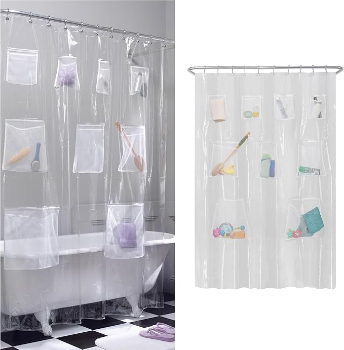 Zenna Home Waterproof Shower Curtain Liner with 9 Storage Pockets, 70 x 72 Inch, PEVA Shower Liner for Bathroom Storage, Shower Curtain Organizer with Rustproof Grommets, Clear