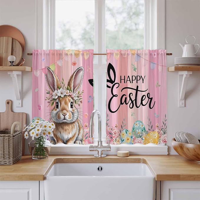 Easter Tier Curtains, Spring Rabbit Eggs Flowers Flags Leaves Wood Grain Light - Image 2