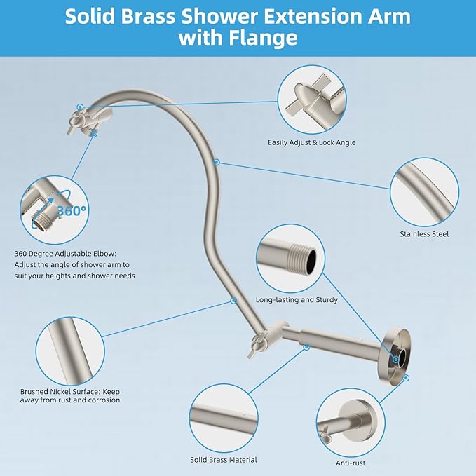 Hibbent All Metal Upgraded 18'' Shower Head Extension Arm, Shower Arm with Flange, Brass Flexible Height & Angle Adjustable Shower Extender with Lock Joint, Universal Connection, Brushed Nickel