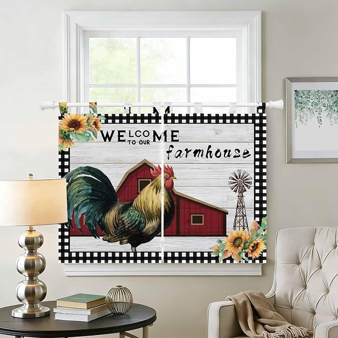 Farmhouse Rooster Kitchen Curtains 45 Inch Length, Short Cafe Window Curtains - Image 2
