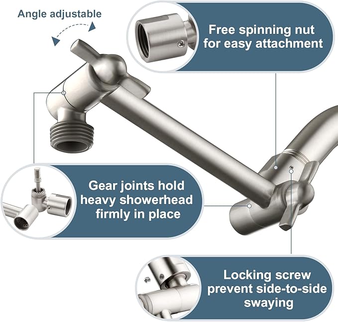 BRIGHT SHOWERS Brass Shower Arm Extender for Rain and Handheld Shower Head, 5 Inch Universal Shower Head Extension Arm, Height & Angle Adjustable, Brushed Nickel
