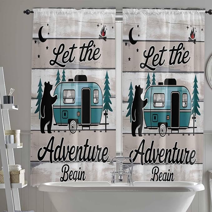 Farmhouse Bear Camper Van Tree Window Valance Curtains, Vintage Wood Grain by IDOWMAT