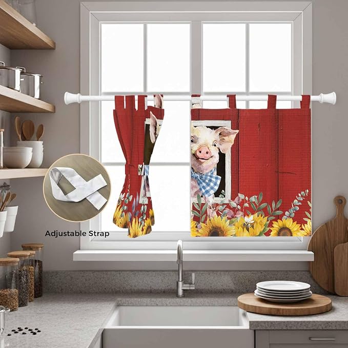 Pig Sunflowers Kitchen Curtains 36 Inch Length, Small Window Curtains Tab Top - Image 5