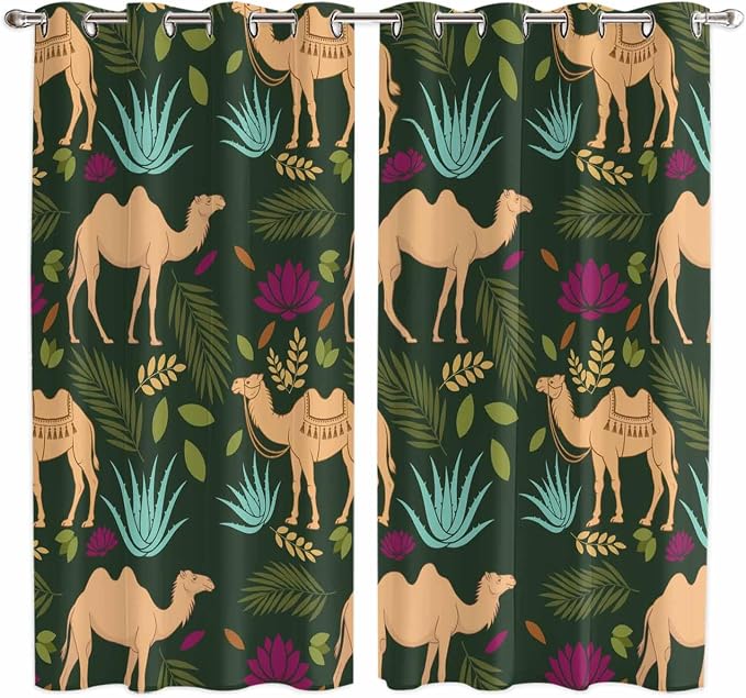 2 Panel Kitchen Cafe Curtains, Retro Desert Camel Sunlight Filtering Nature Air by Hokiten