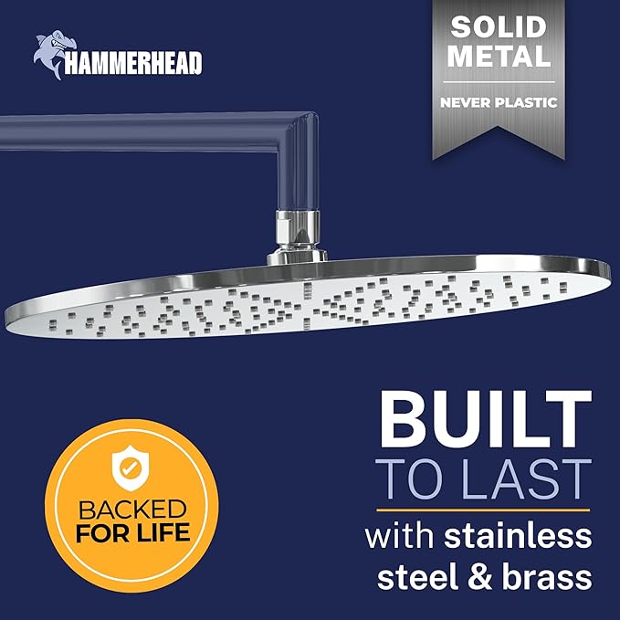 HammerHead Showers® Solid Metal 12 Inch Rainfall Shower Head, Large Rain Shower Head, 2.5 GPM High Flow Shower Head Optimized for Pressure, Wall-Mounted or Ceiling Rain Shower Head, Chrome