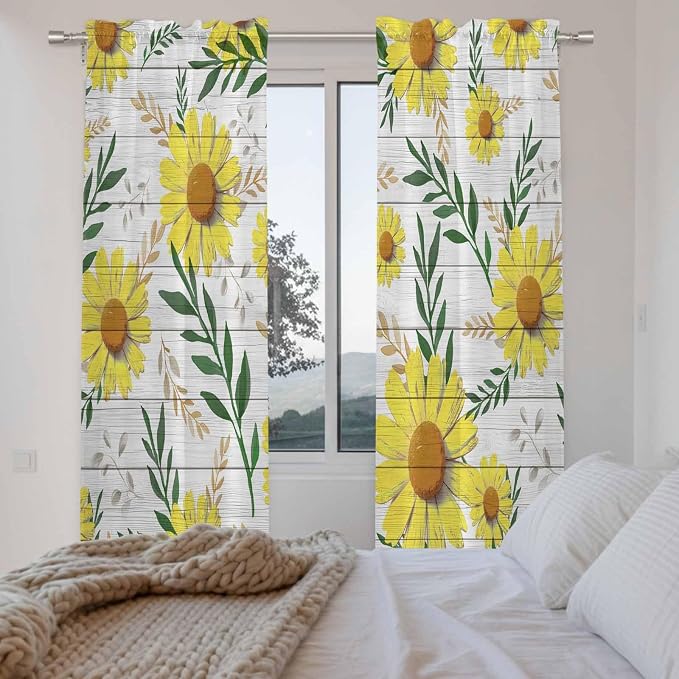Yellow Daisy Kitchen Curtains, Farmhouse Country Flower Leaf Plant Wood Grain - Image 4