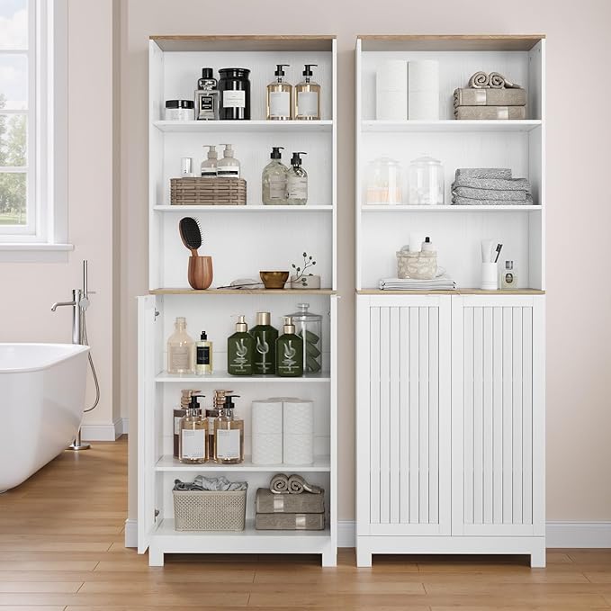 66.8" Tall Storage Cabinet with 2 Louvered Doors and 3 Open Shelves, Bathroom Storage Unit, Adjustable Shelves, Floor Cabinet for Bathroom, Office, Kitchen, White