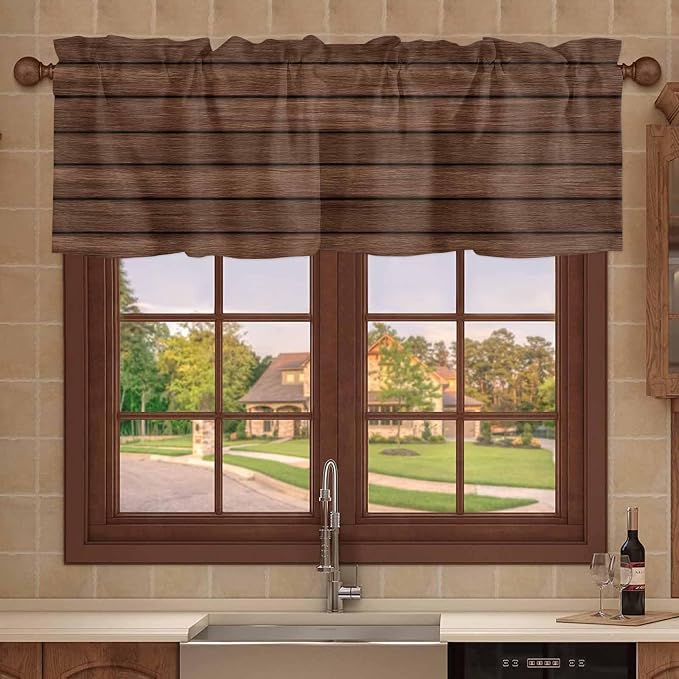 2 Pack Kitchen Valance for Windows, Farm Brown Wood Board Light Filtering Rod - Image 9