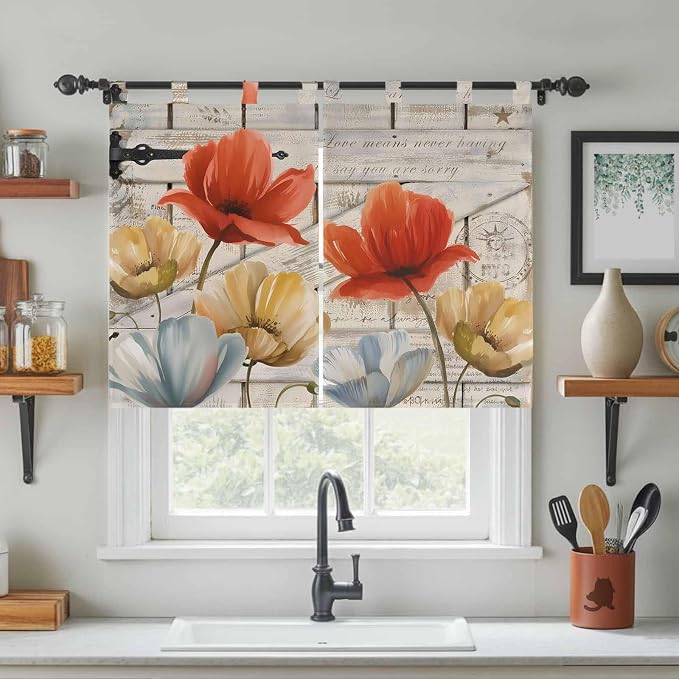Retro Floral Bedroom Curtains 63 Inch Length, Window Curtains Tab Top - Image 3