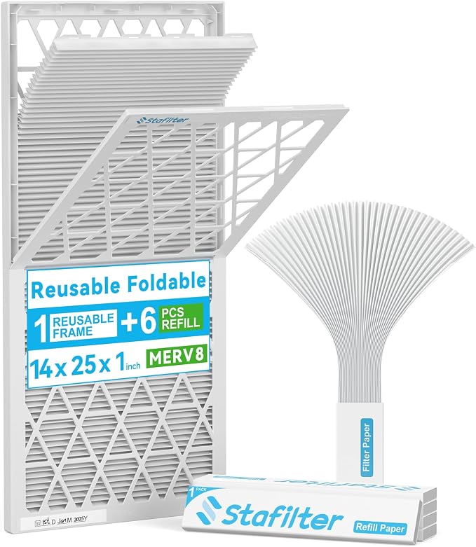 Reusable 14x25x1 Air Filter, 1 Foldable Frame + 6 Refills by Stafilter