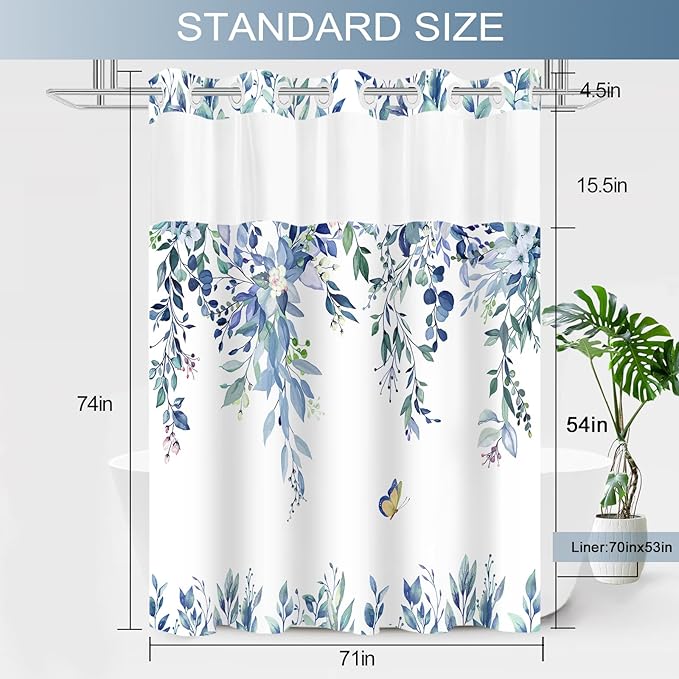 No Hook Shower Curtain and Liner Set, Blue Eucalyptus Floral Shower Curtains for Bathroom, Bath Curtain Sets with Snap in Liner, Waterproof with See Through Top Window, 71x74 Inches