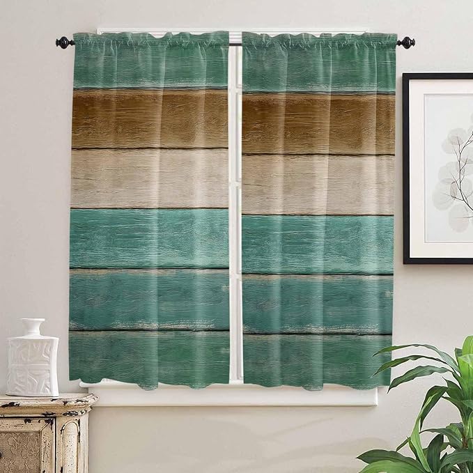Vintage Plank Turquoise Brown Window Valance Curtains, Farmhouse Wood Grain - Image 7