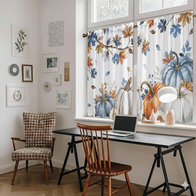 Navy Blue Pumpkin Fall Kitchen Curtains 45 Inch Long 2 Panel Set, Rod Pocket - Image 6