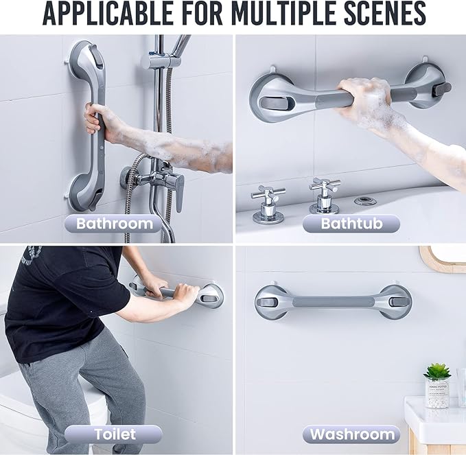 TAILI Shower Grab Bar 16 Inch Suction Cup Grab Bars for Bathroom, Removable Shower Safety Handle Heavy Duty Bathtub Grip for Seniors & Elderly, Strong Handrails No Drilling Waterproof, Silver