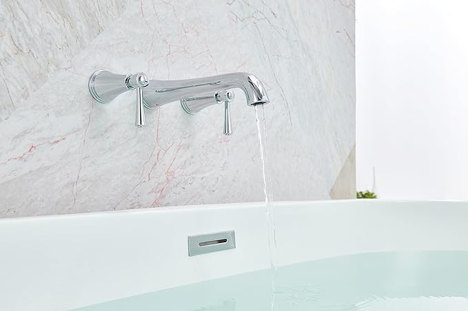 SITGES High Flow Chrome Wall Mount Bathtub Faucet with Two Level Handles,Extra-Long 10.5" Spout Reach Solid Brass Wall Tub Filler with Rough-in Valve Included