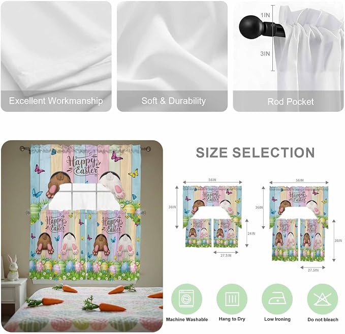 Swag Valance Curtains, Happy Easter Rabbit Butt Egg on Daisy Leaf Rod Pocket - Image 6