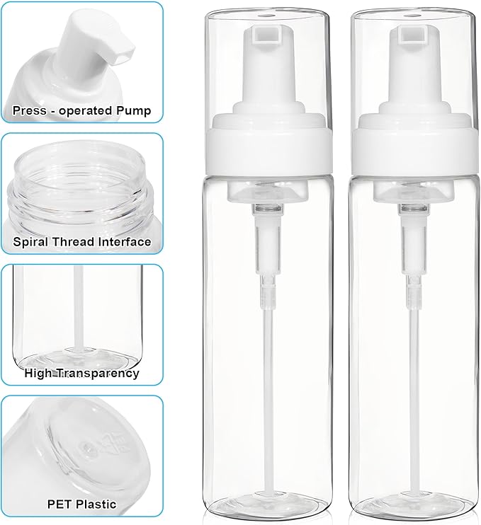 2PCS Foam Pump Bottle, Foaming Dispenser Bottle, Foaming Hand Soap Dispensers, Travel Size Foam Spray Bottles for Body Wash, Lash Cleanser, Shampoo, 200 ml/7 OZ