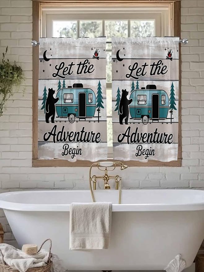 Farmhouse Bear Camper Van Tree Window Valance Curtains, Vintage Wood Grain - Image 5