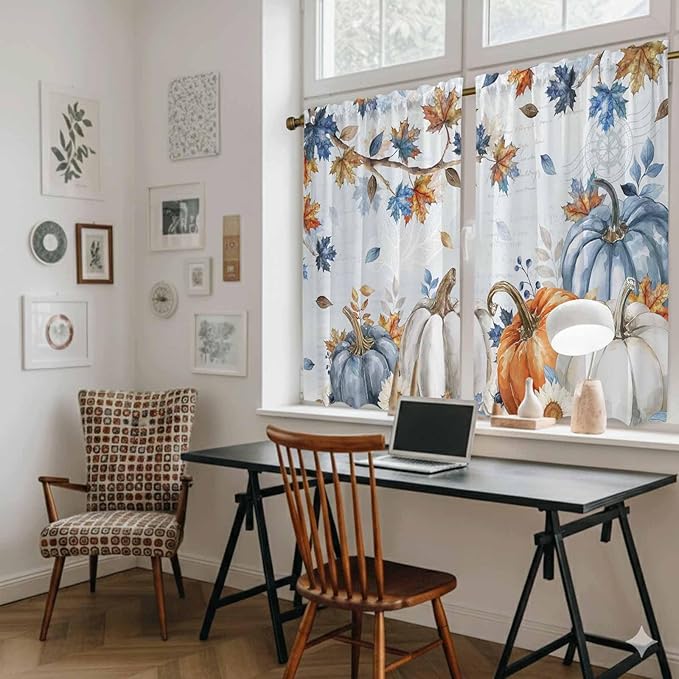 Fall Blue Maple Kitchen Curtains 45 Inch Long 2 Panel Set, Rod Pocket Window - Image 6