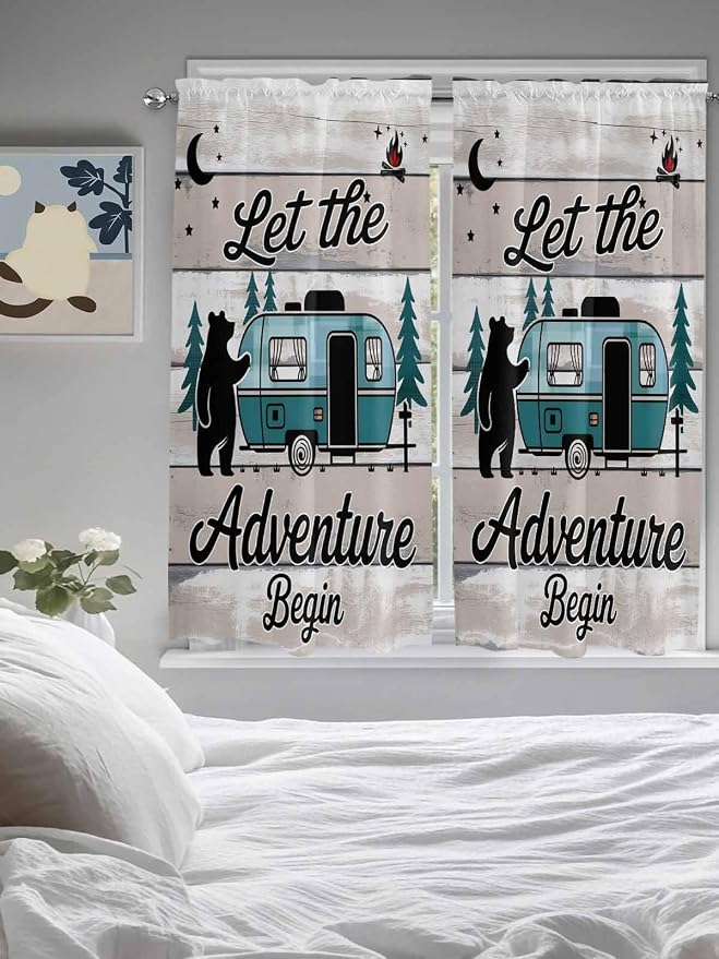 Farmhouse Bear Camper Van Tree Window Valance Curtains, Vintage Wood Grain - Image 4