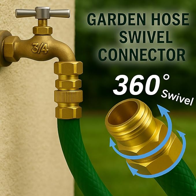 Garden Hose Swivel Connector, 3/4" GHT Brass Swivel Hose Connector, 360° Male to Female Hose Adapter, Anti-Kink Garden Hose Fittings, No-Leak Design with Washer and PTFE Tape