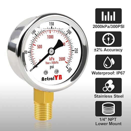 0-300 PSI Heavy-Duty Pressure Gauge, Glycerin-Filled, Stainless Steel, 1/4" NPT - Image 2