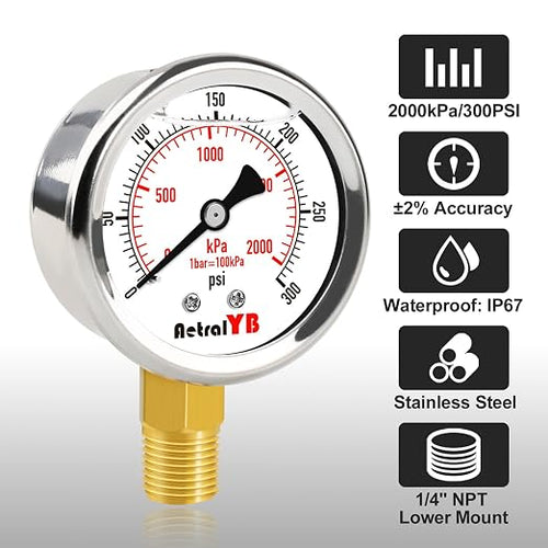 0-300 PSI Heavy-Duty Pressure Gauge, Glycerin-Filled, Stainless Steel, 1/4" NPT - Image 2