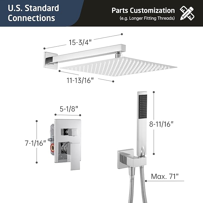 KES Chrome Shower Faucet Set, Shower System 12 Inch Rain Shower Head with Handheld Spray, cUPC Pressure Balance Valve and Trim Kit