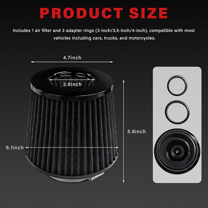 Sun Walker Clamp-on Air Intake Filter, 3/3.5/4 Inch High Flow Round Tapered Air - Image 2