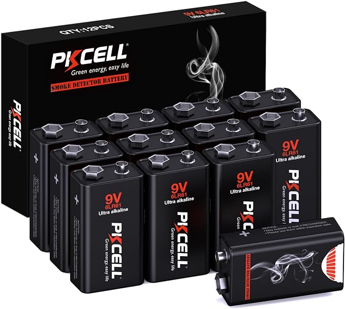 PKCELL 9 Volt Batteries 12 Pack, 9V Batteries Ultra Alkaline 6LR61 9V Battery by Pkcell