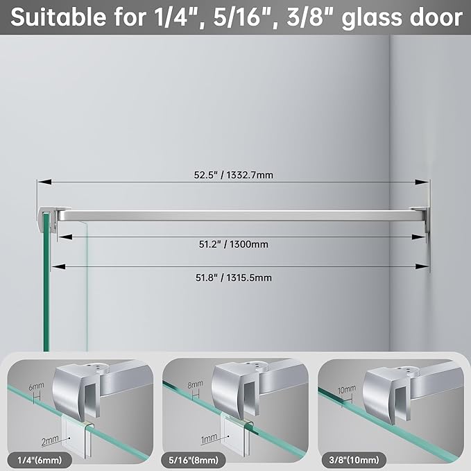 Frameless Shower Door Support Bar, Stainless Steel Wall-to-Glass Support Arm to Fixed Shower Glass Panel, for 1/4"-3/8" (6-10 mm) Door, 180° Pivot & Stow-Flat Mode (Brushed Nickel, 51.2-inch(1300mm))