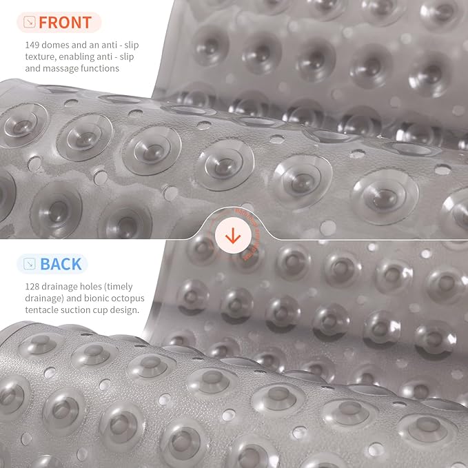 Anti-Slip Bathtub Shower mat, 27.5×14.5（Approximately 70×37cm） inch Soft Oversized Machine Washable Non-Slip Bathtub mat with Drainage Holes, Bathroom Floor Suction Cup.（1-Clear Gray）
