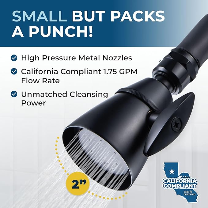HammerHead Showers® Solid Metal 2 Inch High Pressure Shower Heads - MATTE BLACK – California Compliant 1.75 GPM Low Flow Rate - High Flow Shower Head with ADJUSTABLE SPRAY PATTERN - Fixed Shower Head