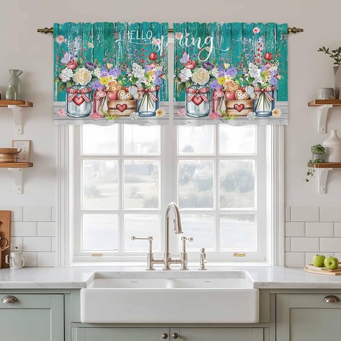 Spring Flowers Tier Curtains, Farmhouse Watercolor Teal Wood Grain Light - Image 2