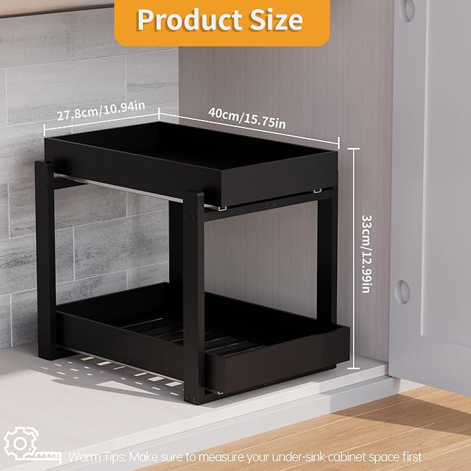 Bamboo Wood Under Sink Organizer 2 Pack, Pull Out Cabinet Organizer 2 Tier Under Sink Organizers and Storage with Sliding Drawer Sturdy Easy Assembly for Kitchen Bathroom Undersink, Black