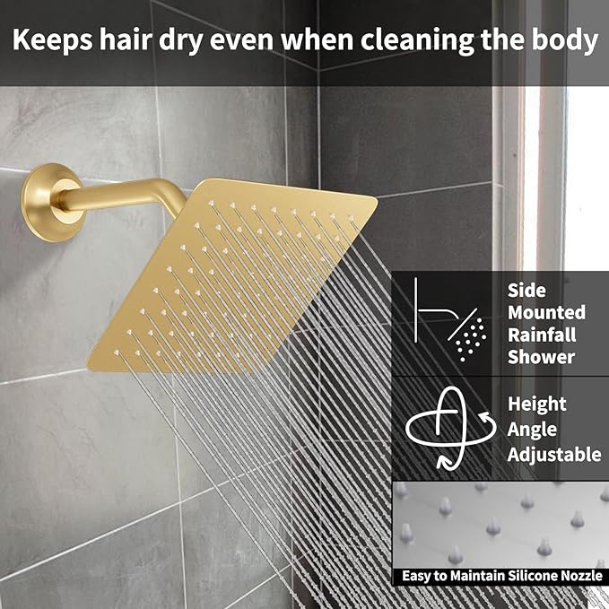 Digital Shower System Brushed Gold Shower Faucet Set with Wall Mount 8 inch Shower Head and 6 PCS Body Jet, Handheld Shower, with Tempreature Display Function
