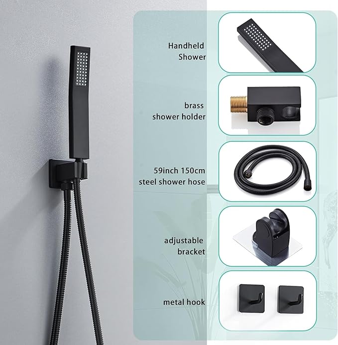 10 Inch Shower Faucet Set, Ceiling Mounted Rainfall Shower System with High Pressure Handheld Shower Head, Bathroom Mixer Shower Set Rough-in Valve and Trim Kit, Matte Black, with Tub Spout